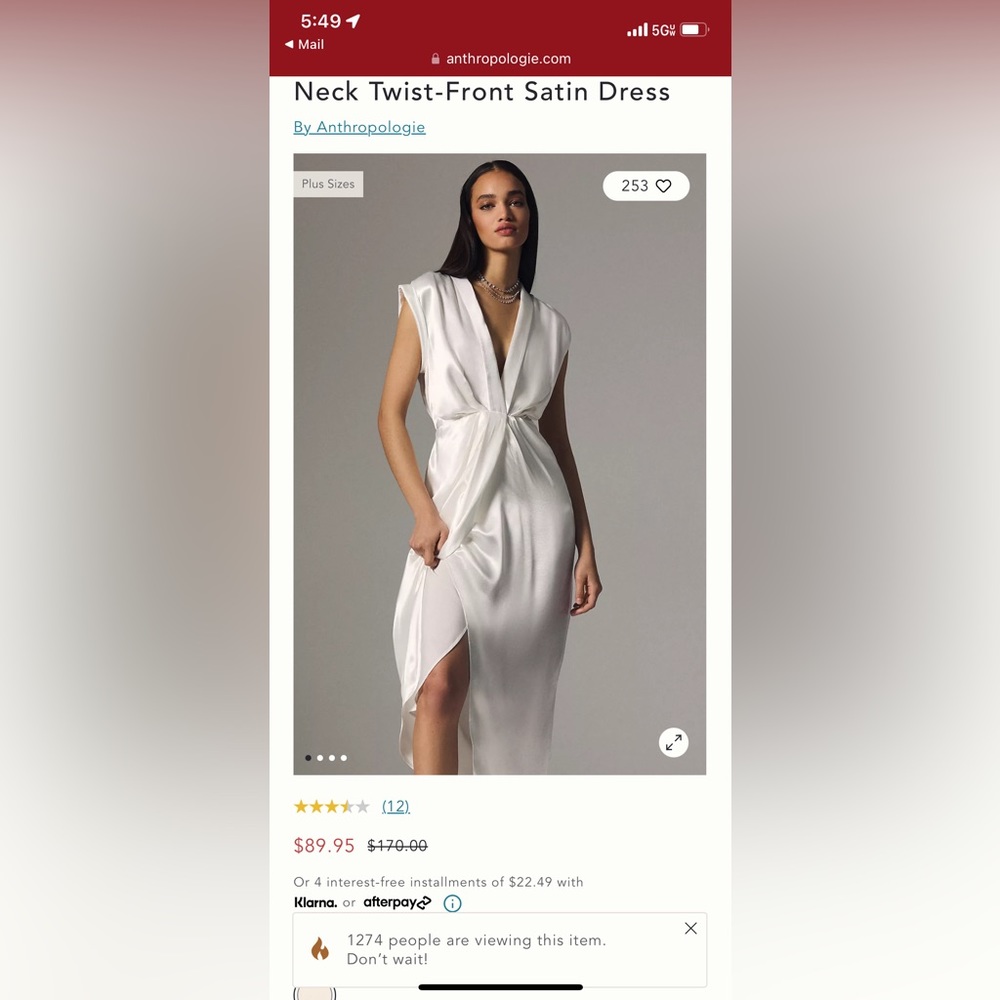 Ivory neck twist front satin dress from Anthropologie. Never worn. NWT.